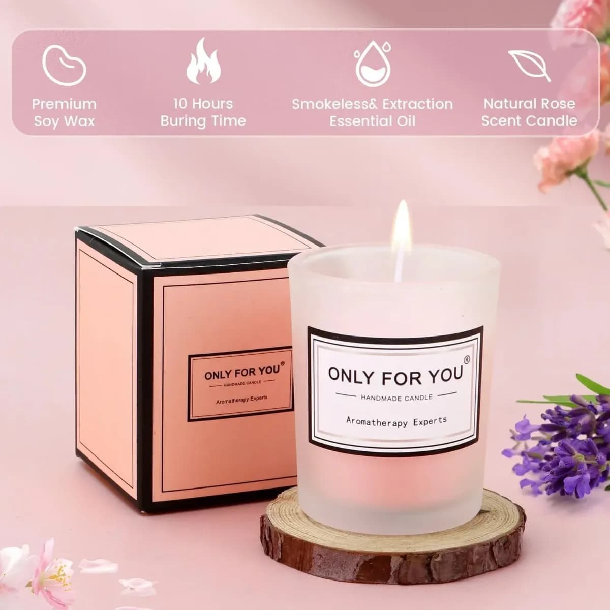 rose scented soy wax candle with its box from the pink spa gift box