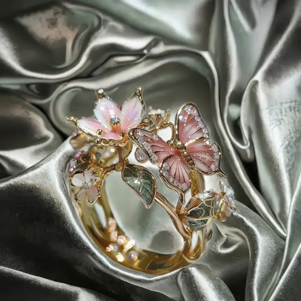 butterfly scarf ring resting on silver satin