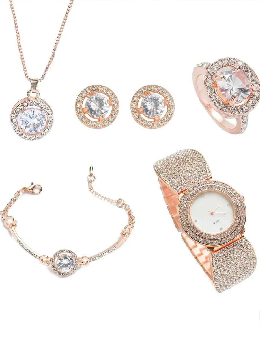 rhinestone watch, bracelet, necklace, stud earrings and ring