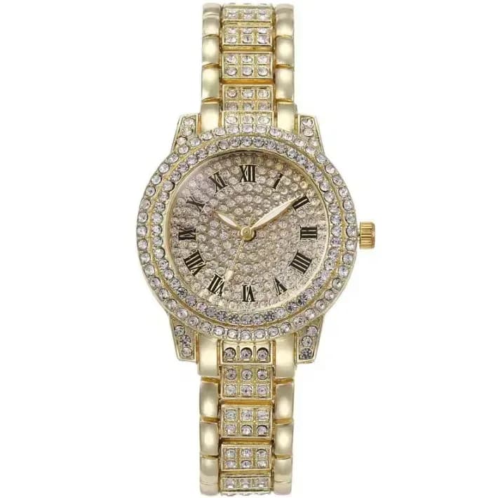 gold tone rhinestone watch with Roman numerals