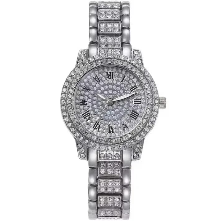 silver tone rhinestone watch with Roman numerals
