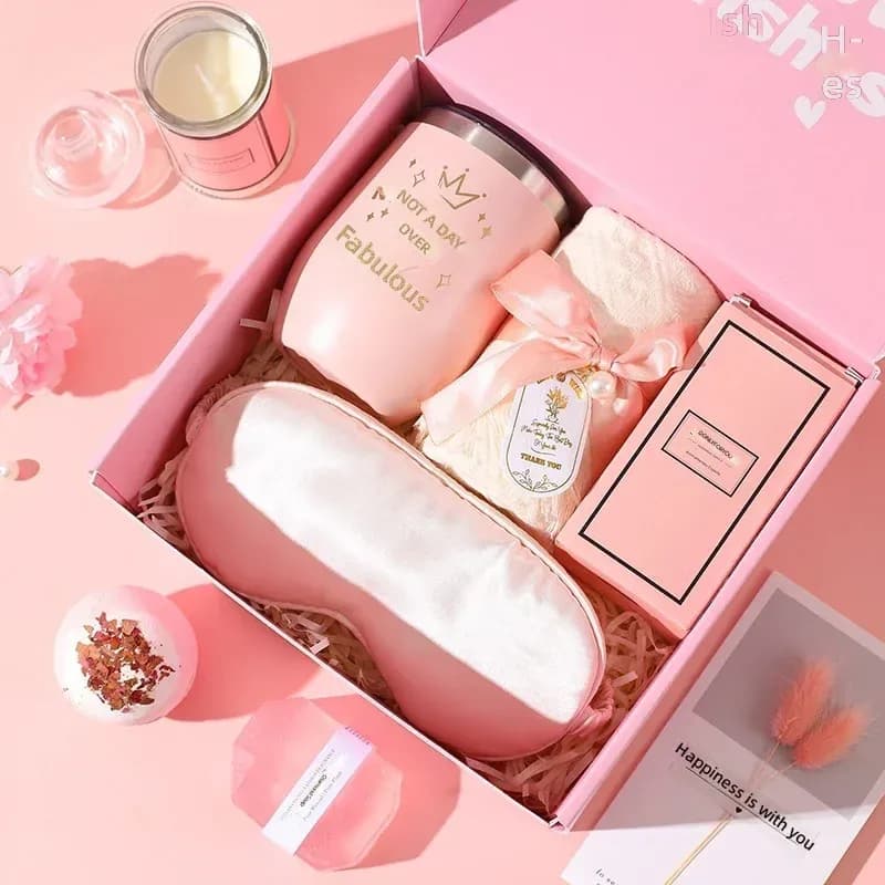 open pink birthday spa gift box with tumbler, towel and eye mask