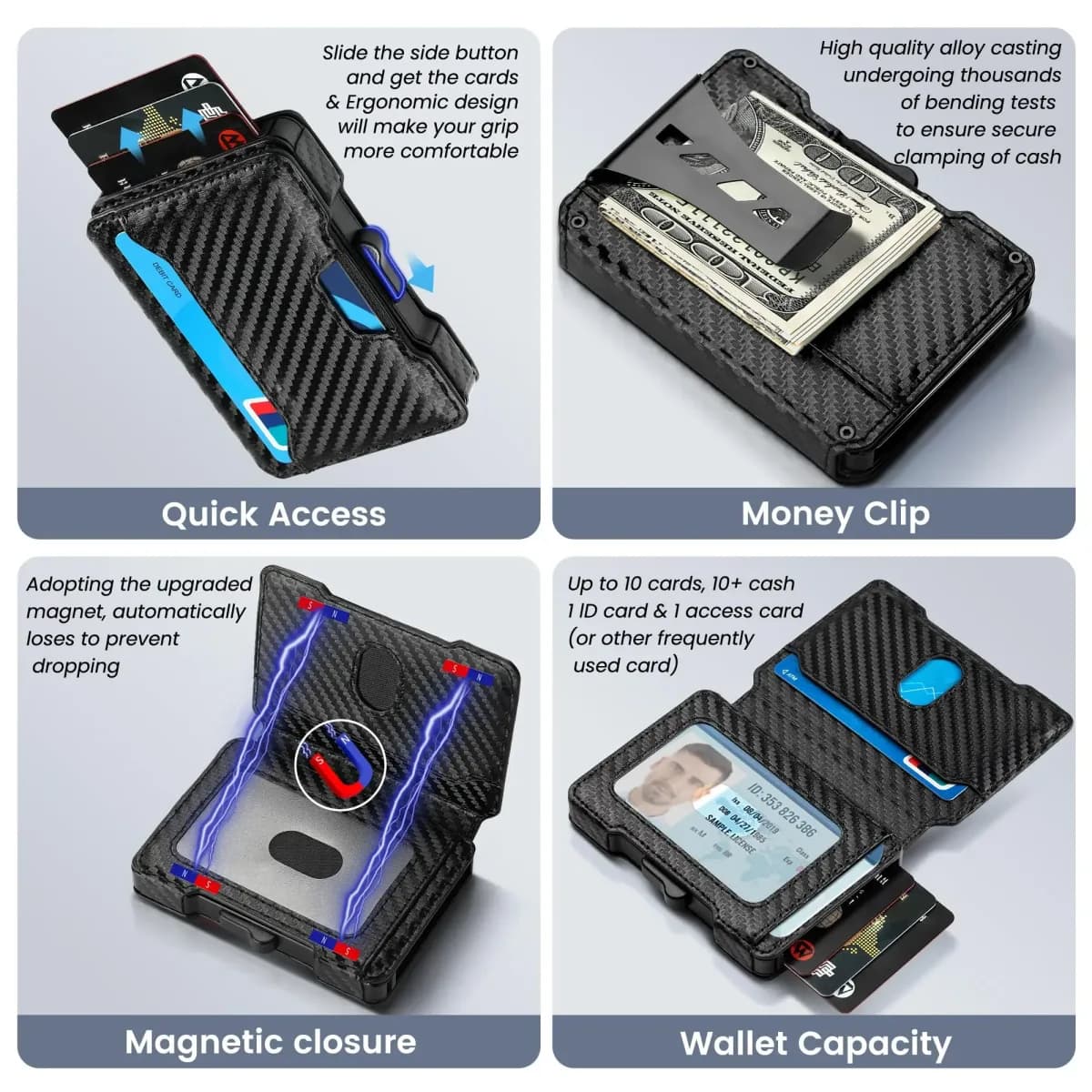 slim card wallet for men features: pop up cards, money clip, magnetic closure, capacity
