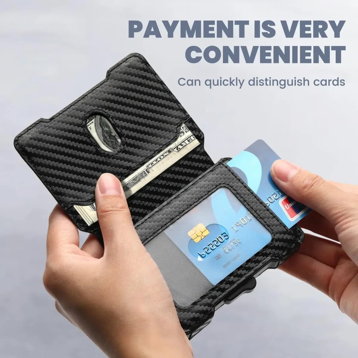 slim card wallet for men held open, showing cash, card slot and ID window