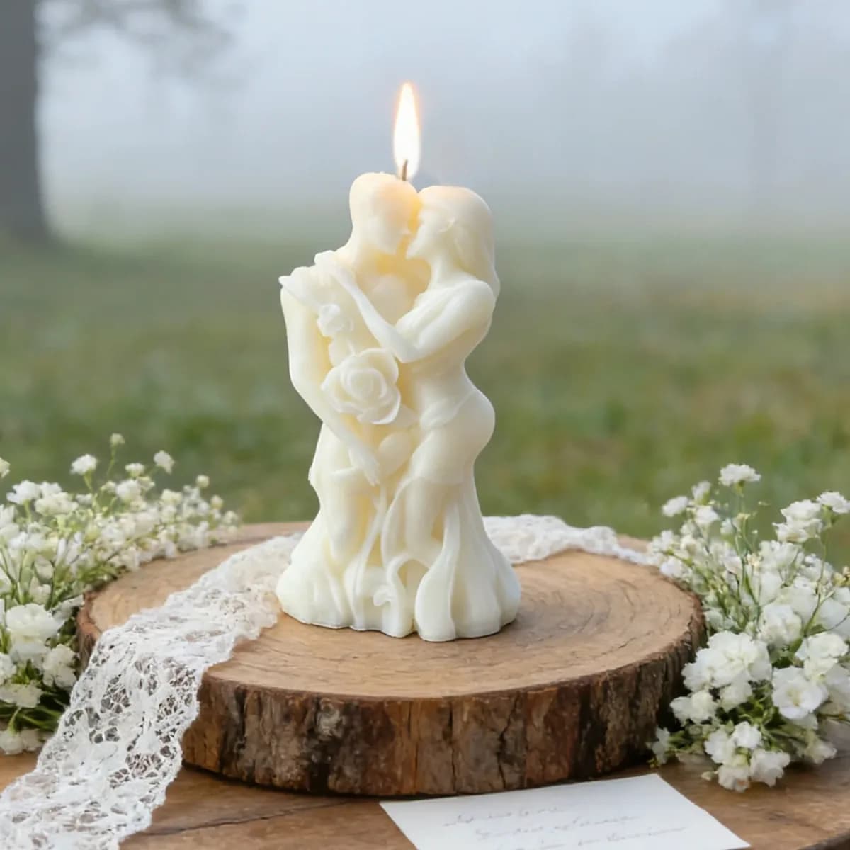 embracing couple candle lit on a wooden round