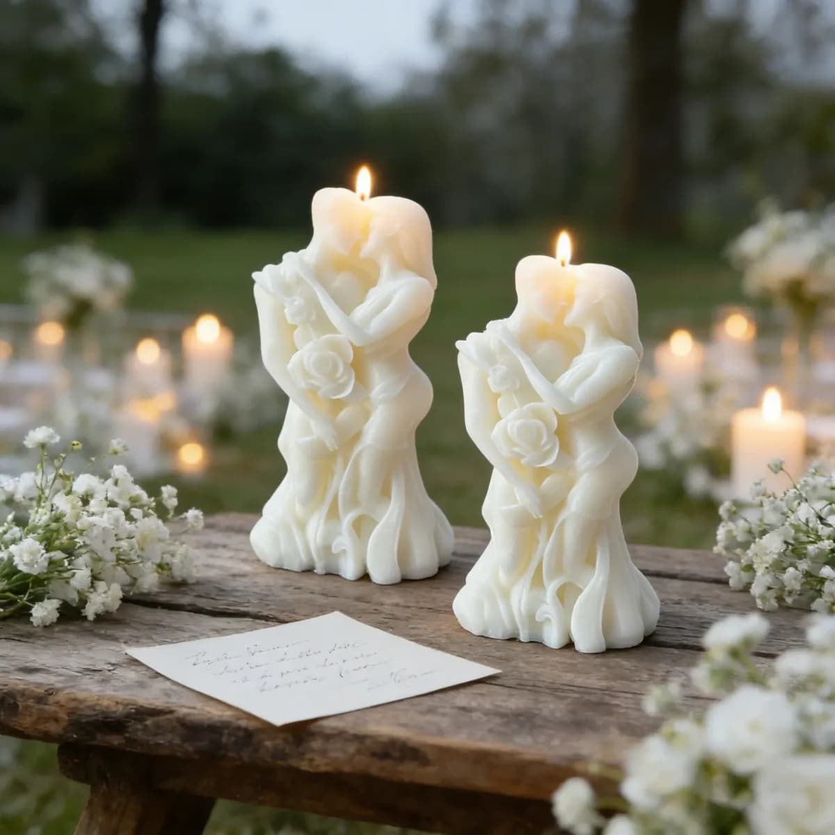 two embracing couple candles lit side by side