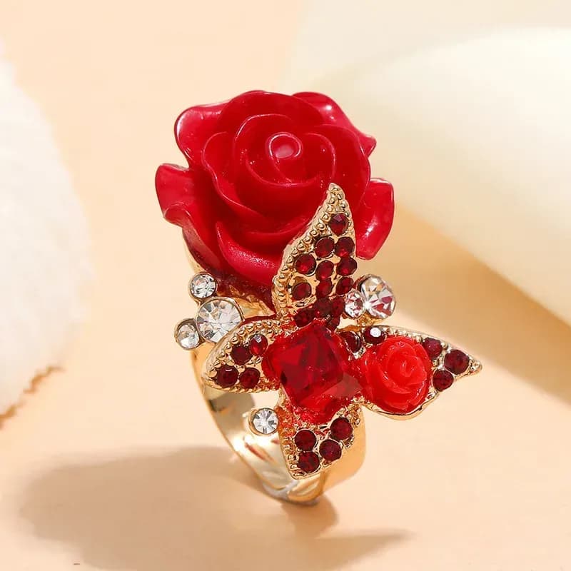 rose and butterfly statement ring with red rose, gold tone