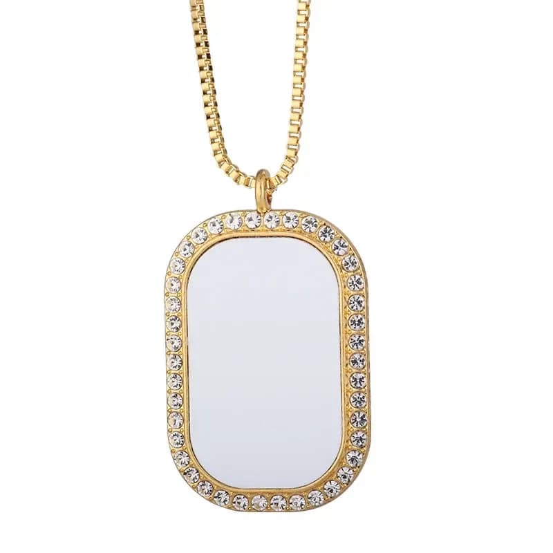 gold tone rectangle photo pendant with rhinestone frame