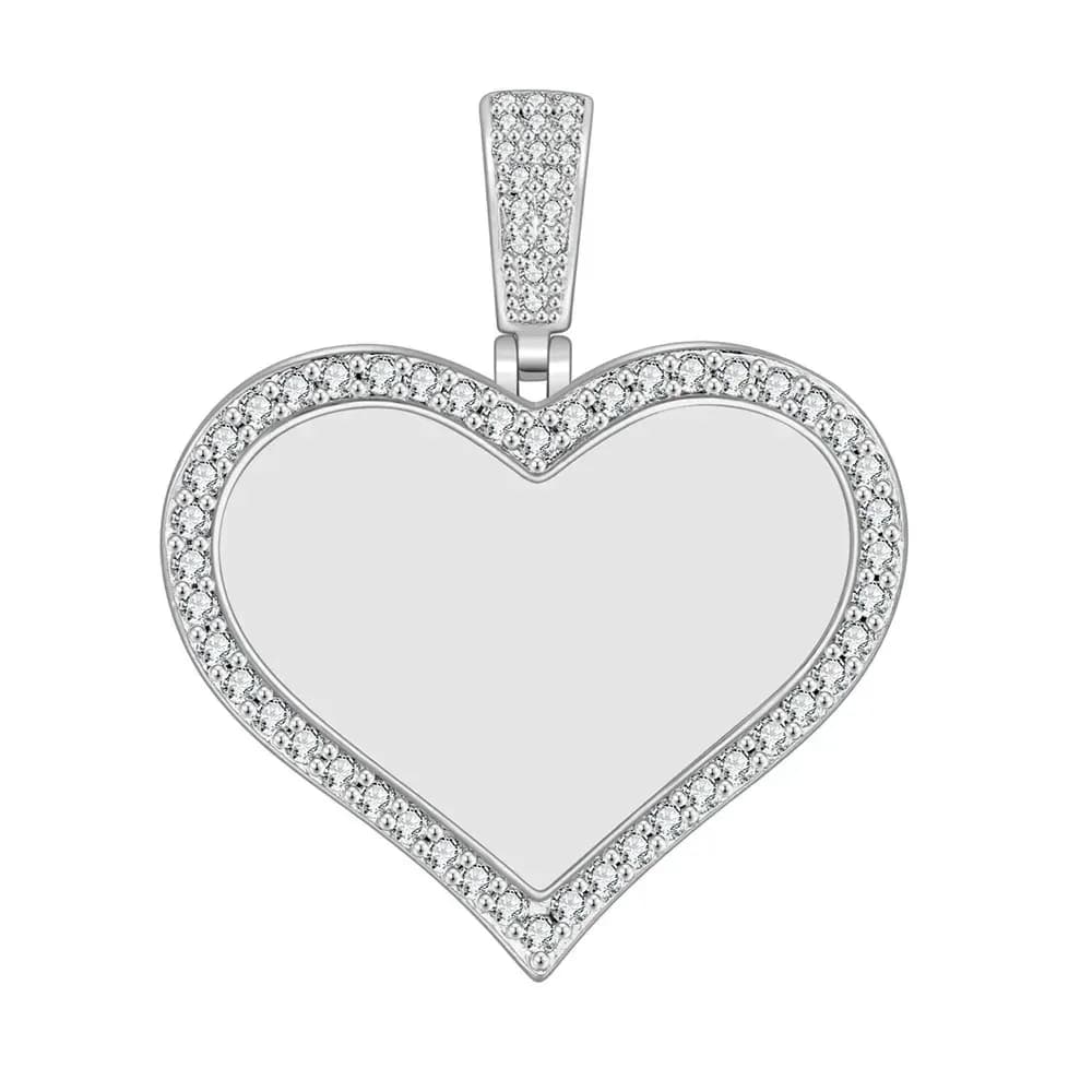 large silver tone photo heart pendant with cubic zirconia