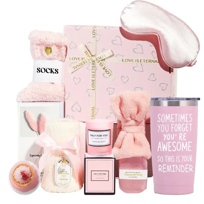 pink spa gift box for women with tumbler, candle, socks and eye mask