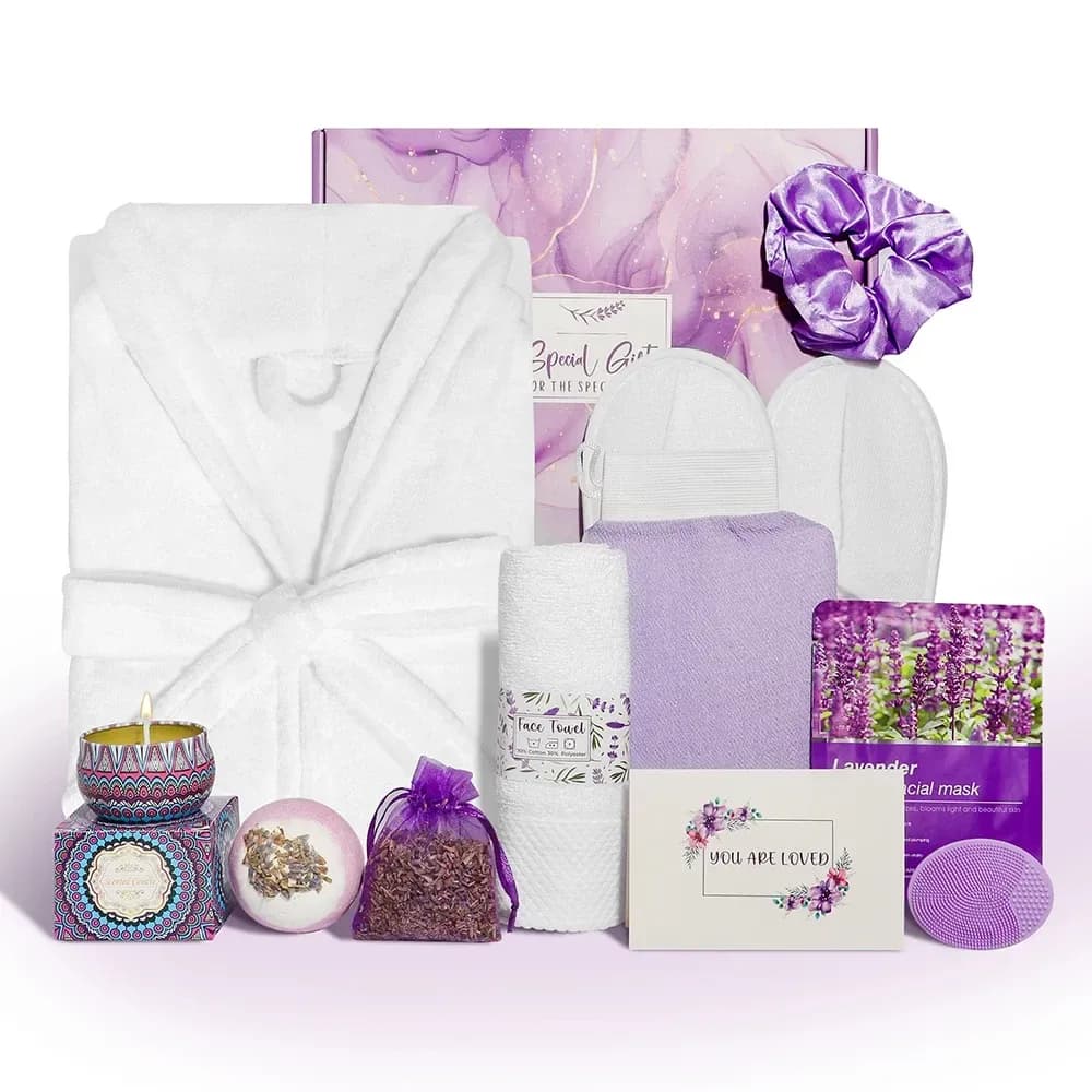 lavender spa gift box for women with plush bathrobe, candle and bath treats