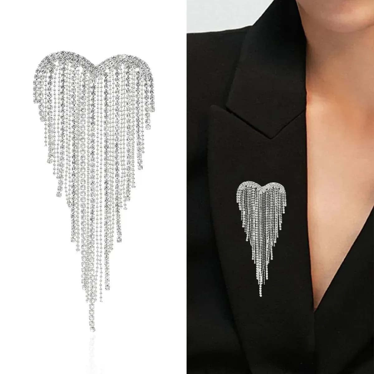 heart rhinestone tassel brooch in silver tone and worn on a black blazer
