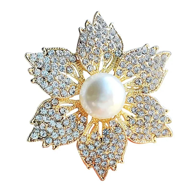 faux pearl flower brooch with rhinestones in gold tone