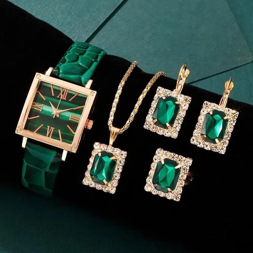 square watch and jewelry gift set for women in green with necklace, earrings and ring