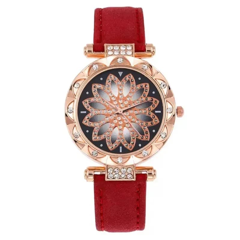flower dial watch with rhinestone bezel and red strap