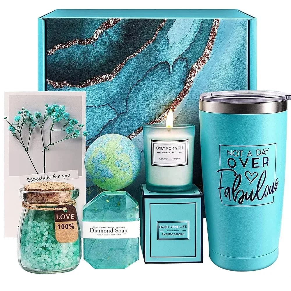 teal get well soon spa gift box for women with tumbler, candle and bath salt