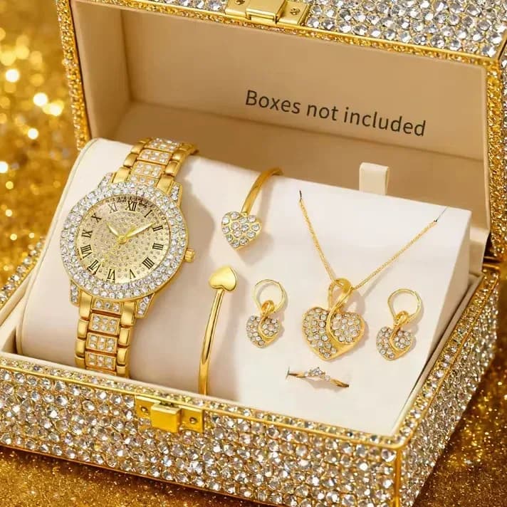 rhinestone watch and heart jewelry set in gold tone