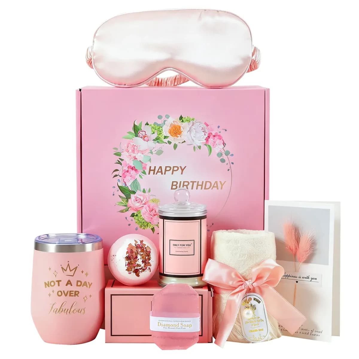 pink birthday spa gift box for her with eye mask, tumbler, candle and soap