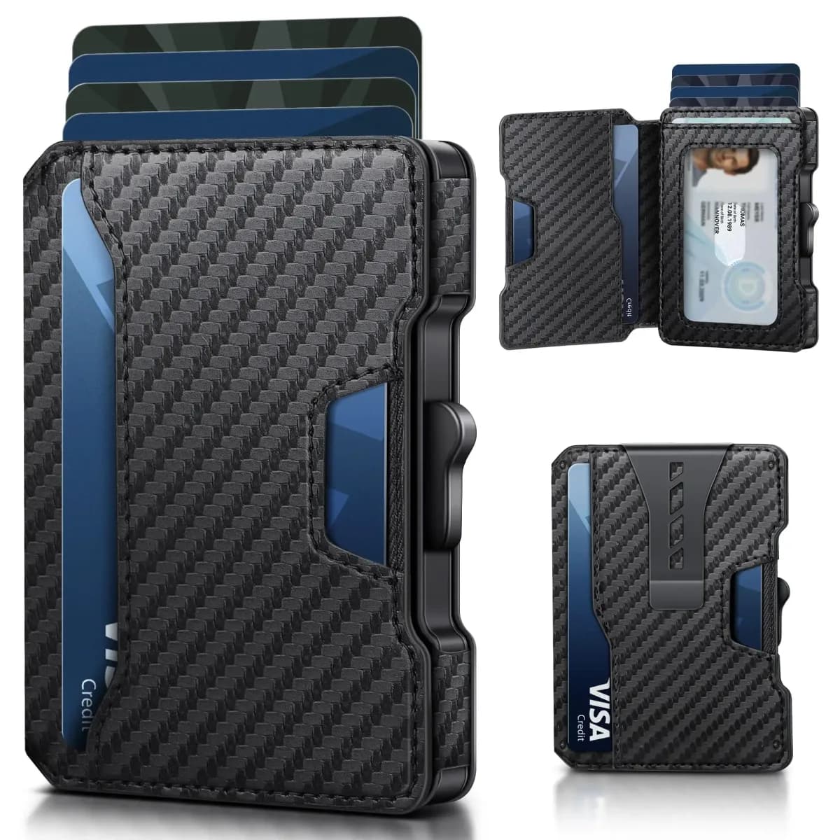 slim pop up card wallet for men in black carbon fibre pattern, front, open and back views