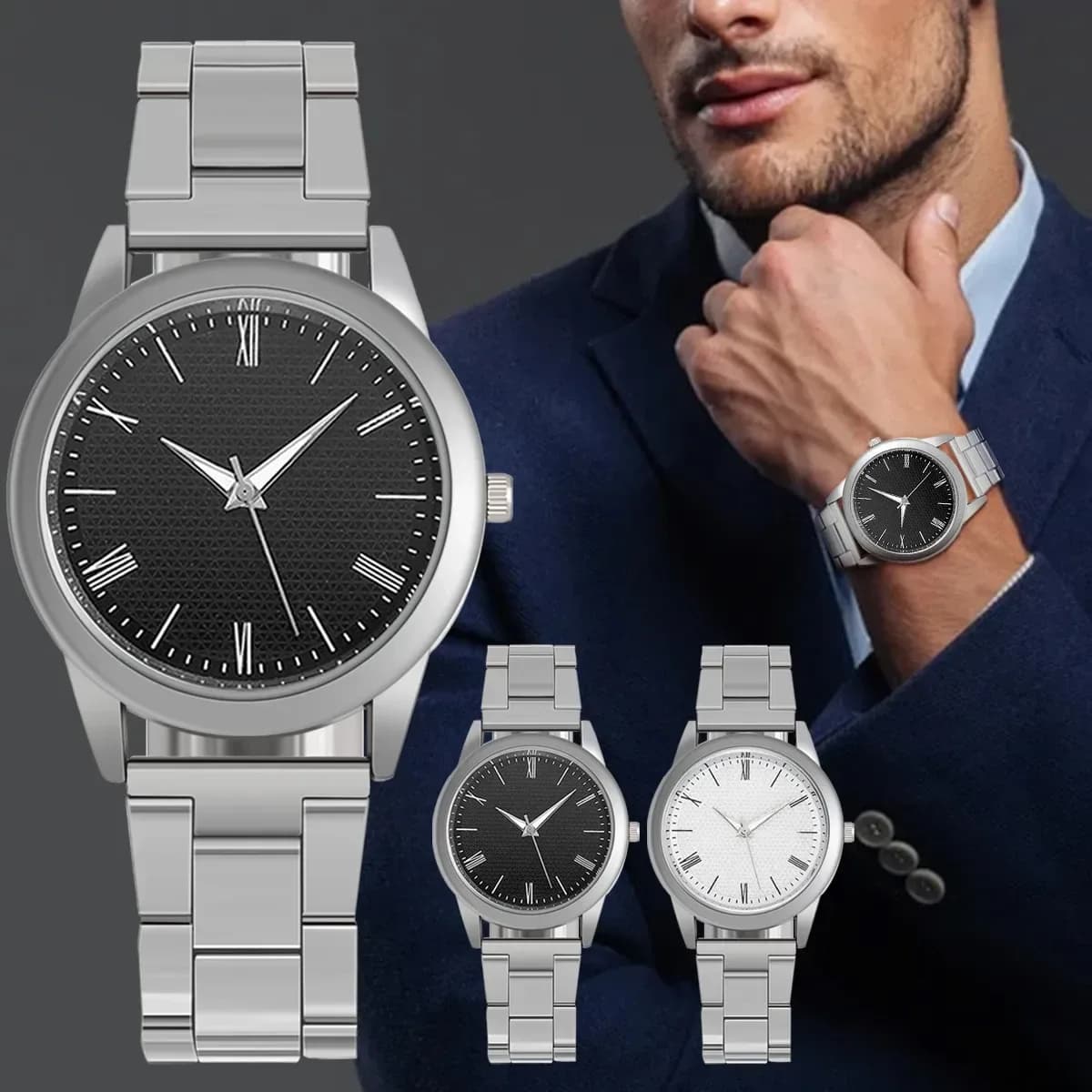 men's Roman numeral quartz watch in silver tone, worn with a navy suit