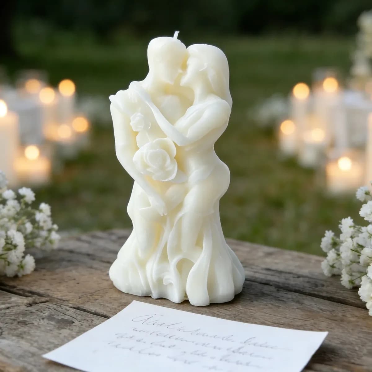 embracing couple candle in ivory soy wax on a wooden table