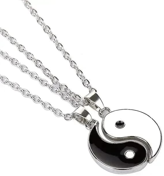 yin yang couple necklaces in silver tone, two halves joined