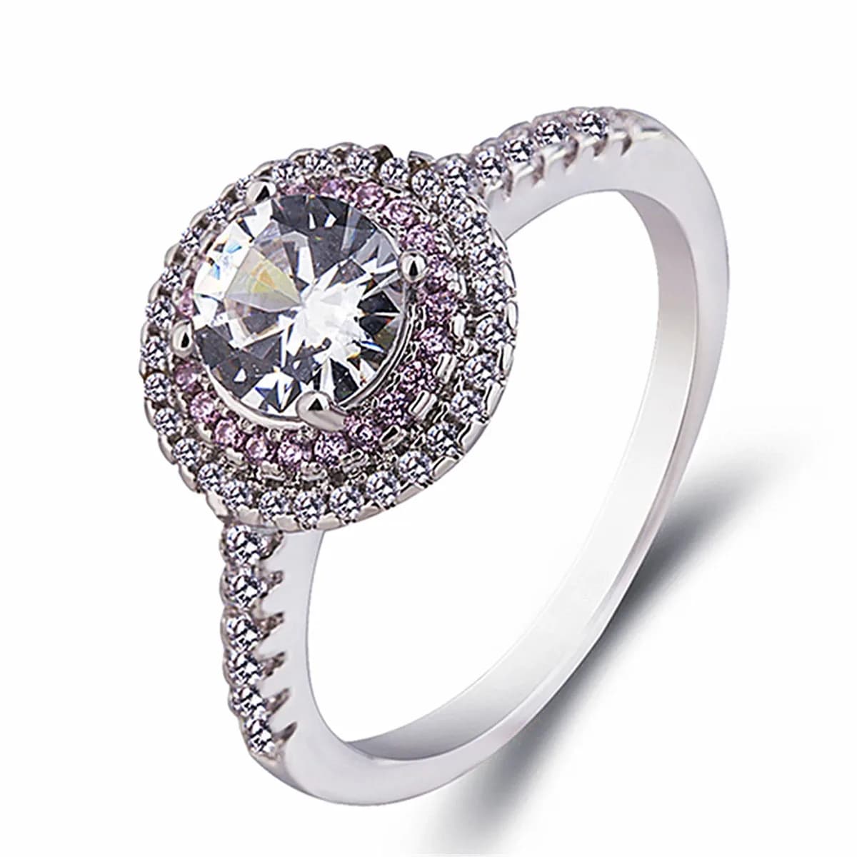 round double halo cubic zirconia engagement ring with pink inner halo