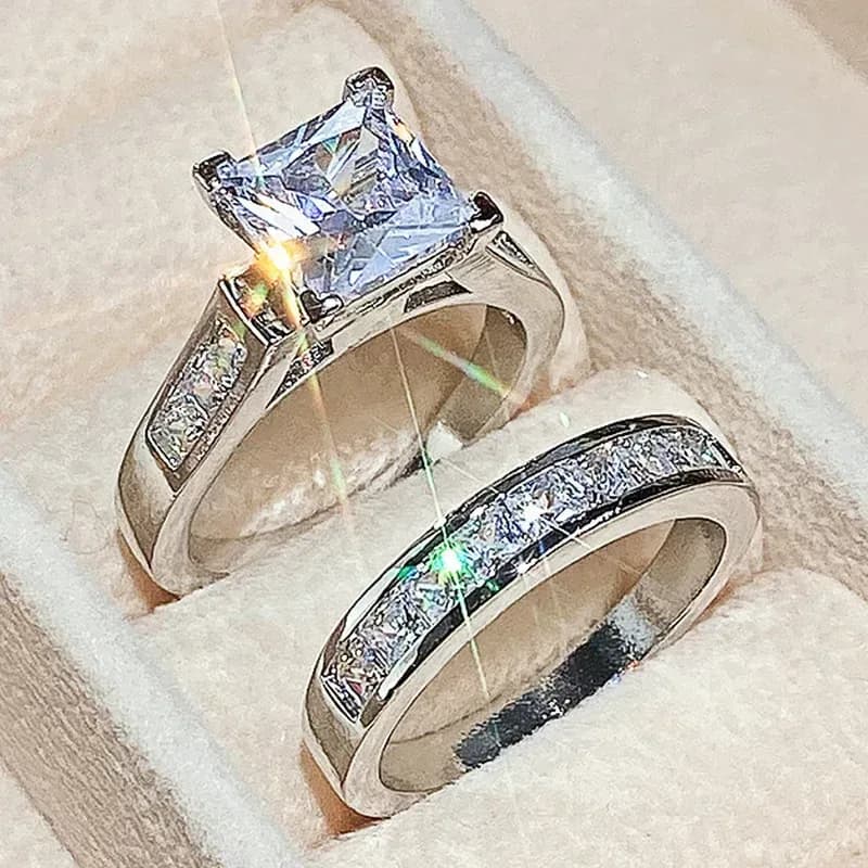 princess cut cubic zirconia bridal ring set in silver tone, engagement ring and band