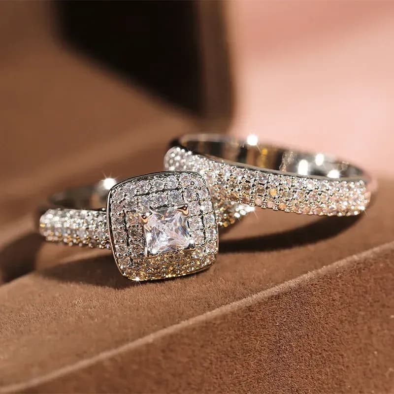 square halo cubic zirconia bridal ring set, engagement ring and pave band