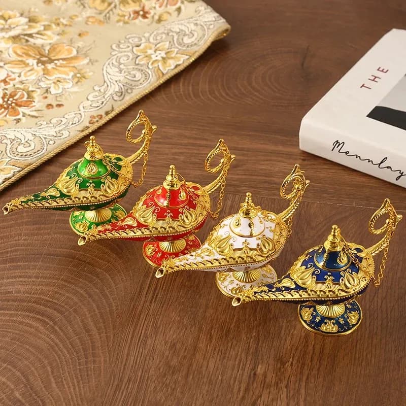 genie wish lamp ornaments in five colours, gold plated