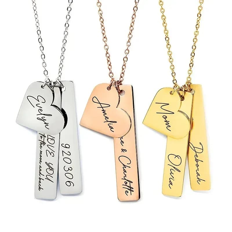 engraved name bar and heart necklaces in silver, rose gold and gold tone