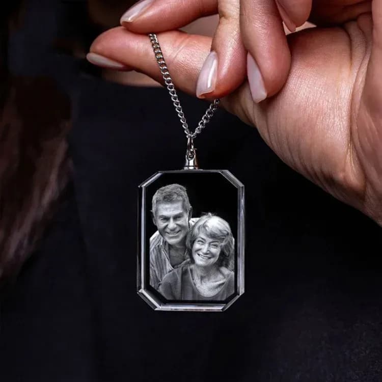 crystal photo pendant necklace with a couple's photo engraved inside