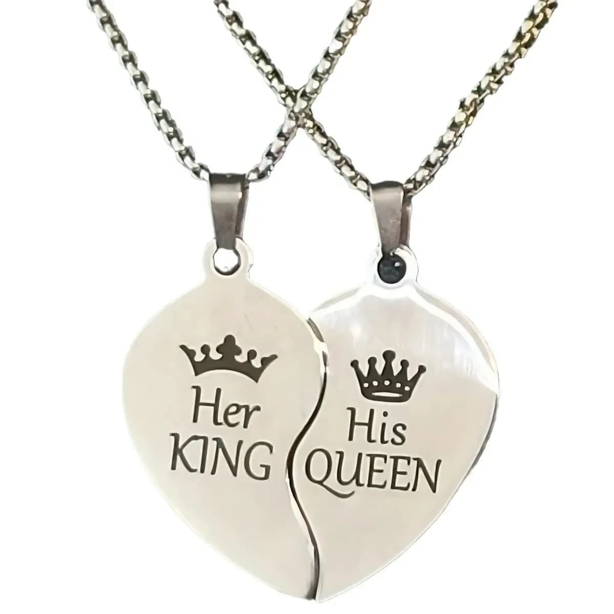 Her King His Queen split heart necklaces in stainless steel