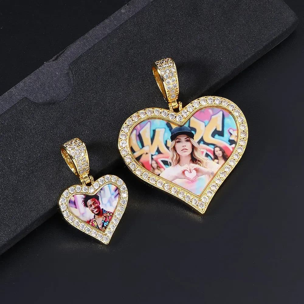 photo heart necklace with color photos in gold tone cubic zirconia frames