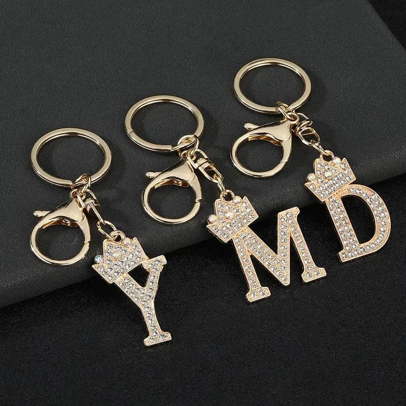 rhinestone initial letter keychain set with crown, letters Y, M and D