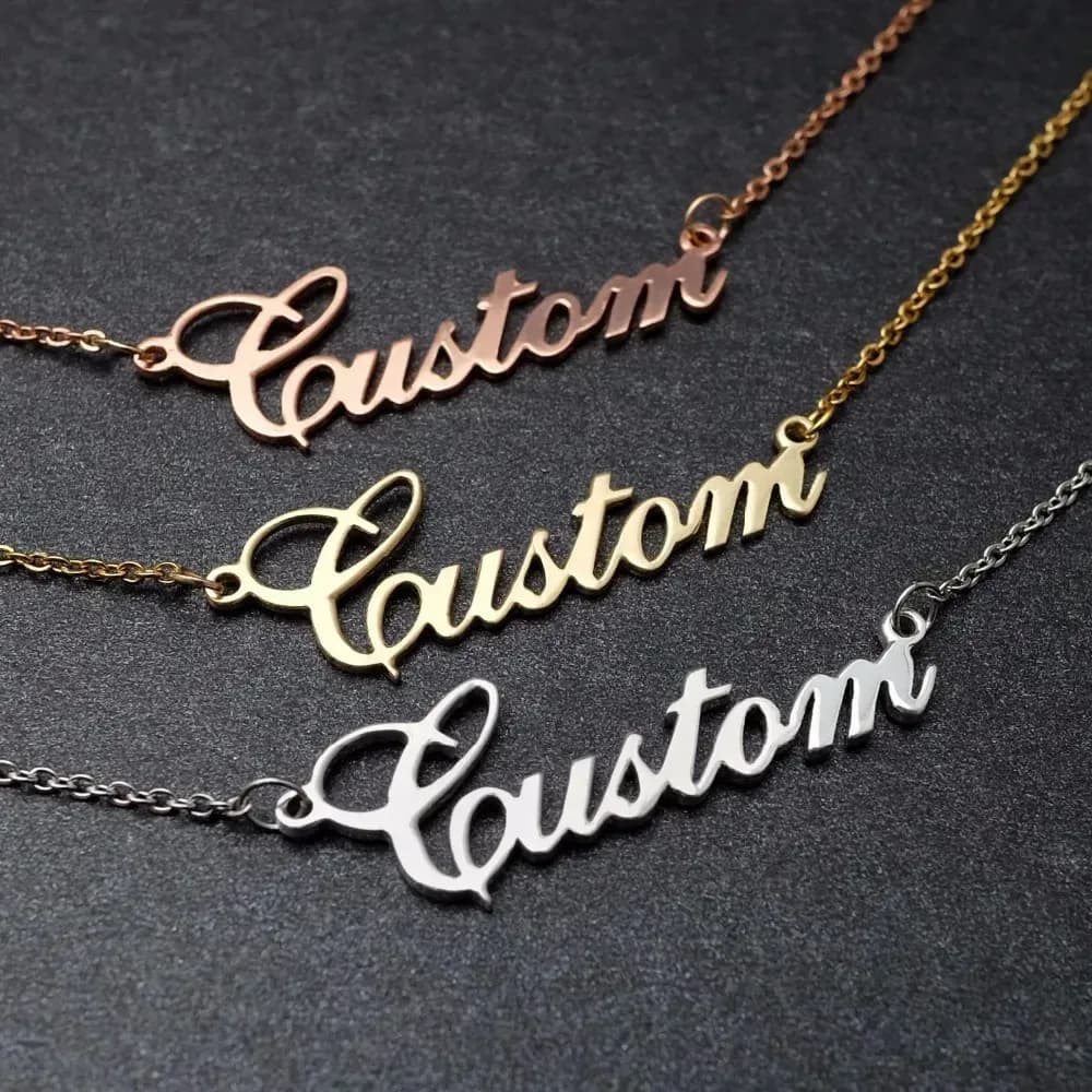 personalized name necklace set in rose gold, gold and silver tone